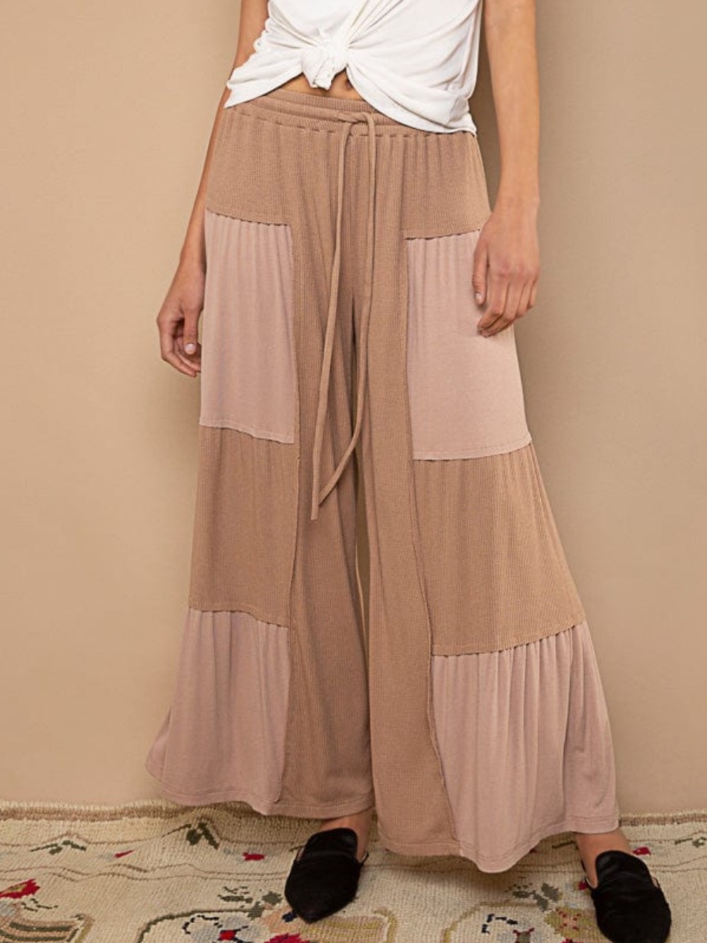 POL Clothing Loose Knit Wide Leg Ribbed Fabric Panel Pants Size L